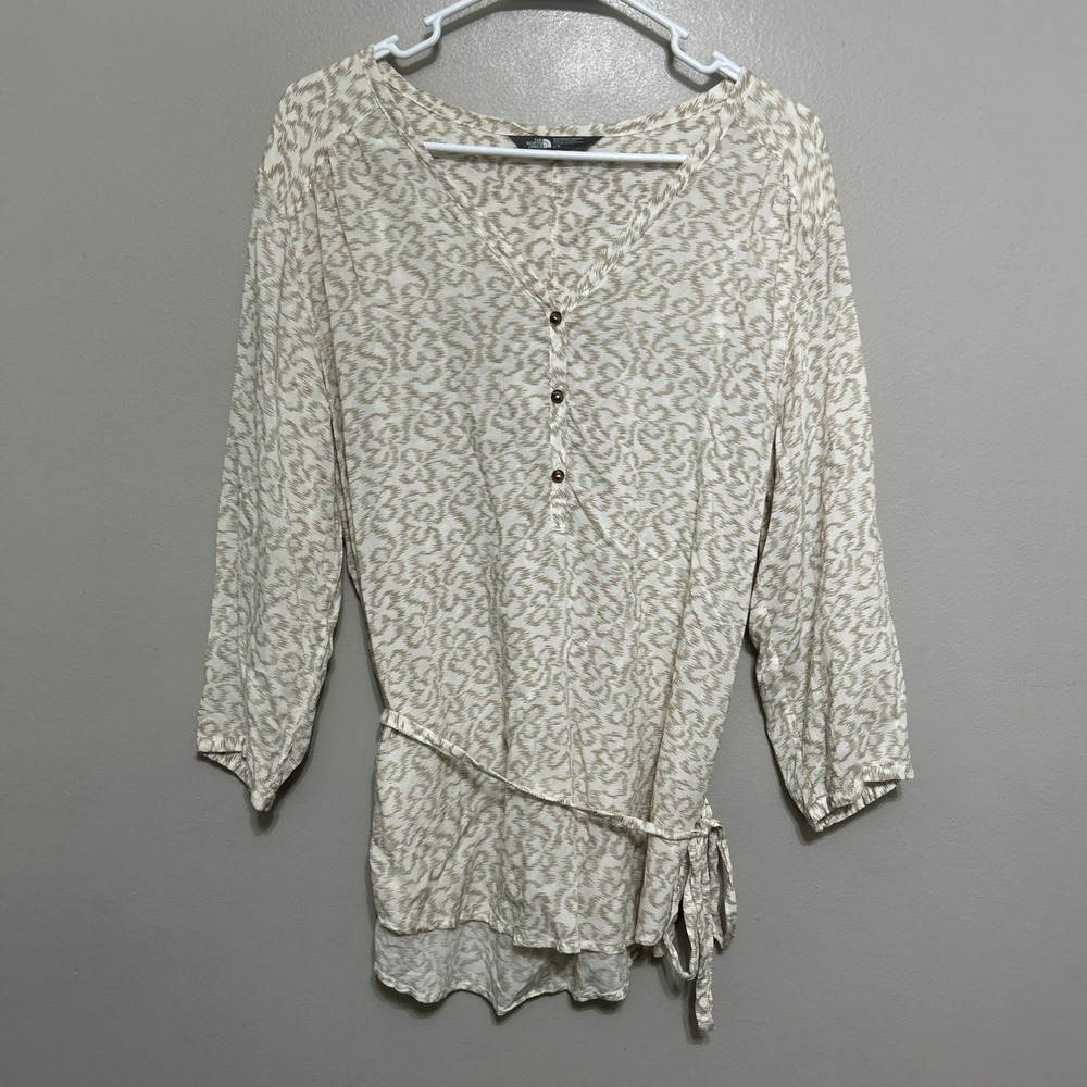 North Face Womens Tunic Blouse L Tan White Ikat 3/4 Sleeve Tie Waist Lagenlook - Picture 1 of 9